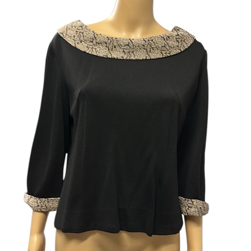 Vintage 50s Leslie Fay Original Zip Back Black Top Tapestry Collar and Cuff L